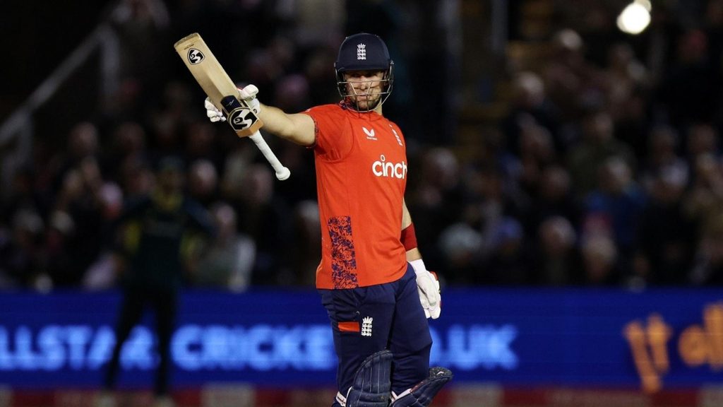 Liam Livingstone raises his bat at Cardiff after reaching fifty against Australia